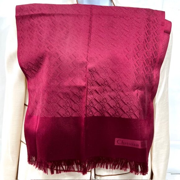 Christian Dior Scarf/Shaw Silk Fringed 64"x 17" Burgendy Dark Red Logo Print (79 - Picture 7 of 11